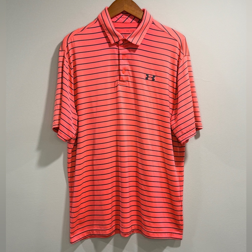 Under Armour Men's Athletic‎ Polo Shirt in Coral and Navy Stripes Size L
